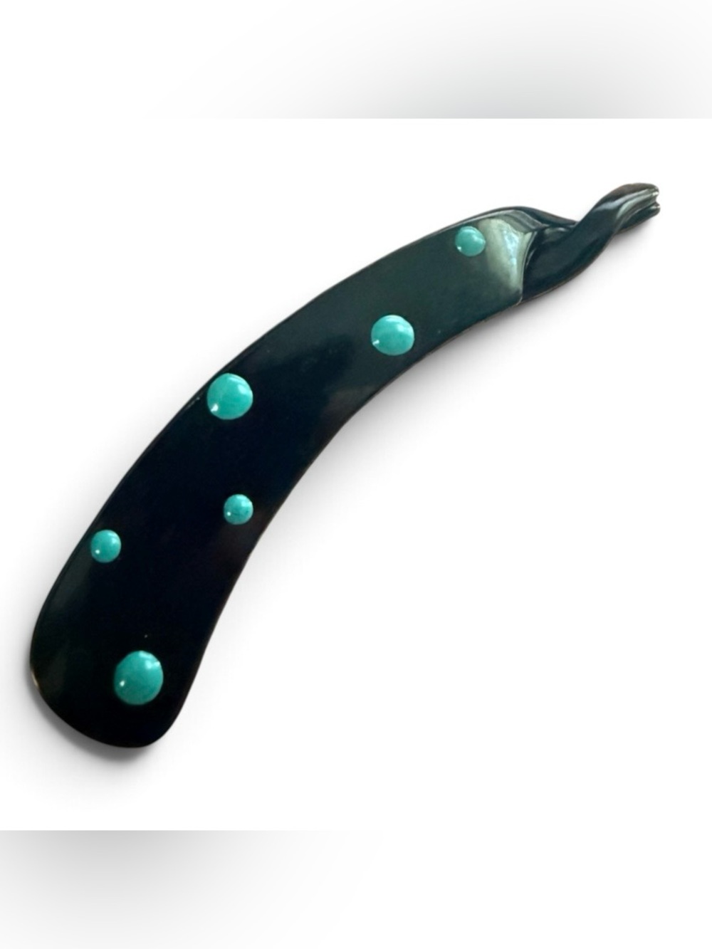Vintage French Mini Banana Clip in Black with Blue Polka Dots, 4”, Unworn
